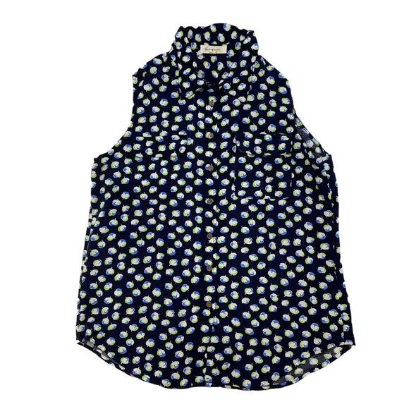 VINCE CAMUTO TWO Blue Spring Blossom Collared Sleeveless Blouse Medium Rayon - Picture 4 of 9